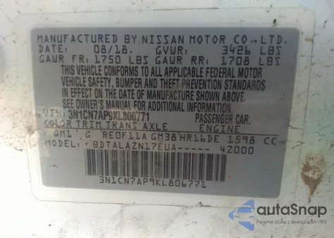 2019 Nissan Versa 1.6 S+ из США, поврежденный, VIN 3N1CN7AP9KL806771